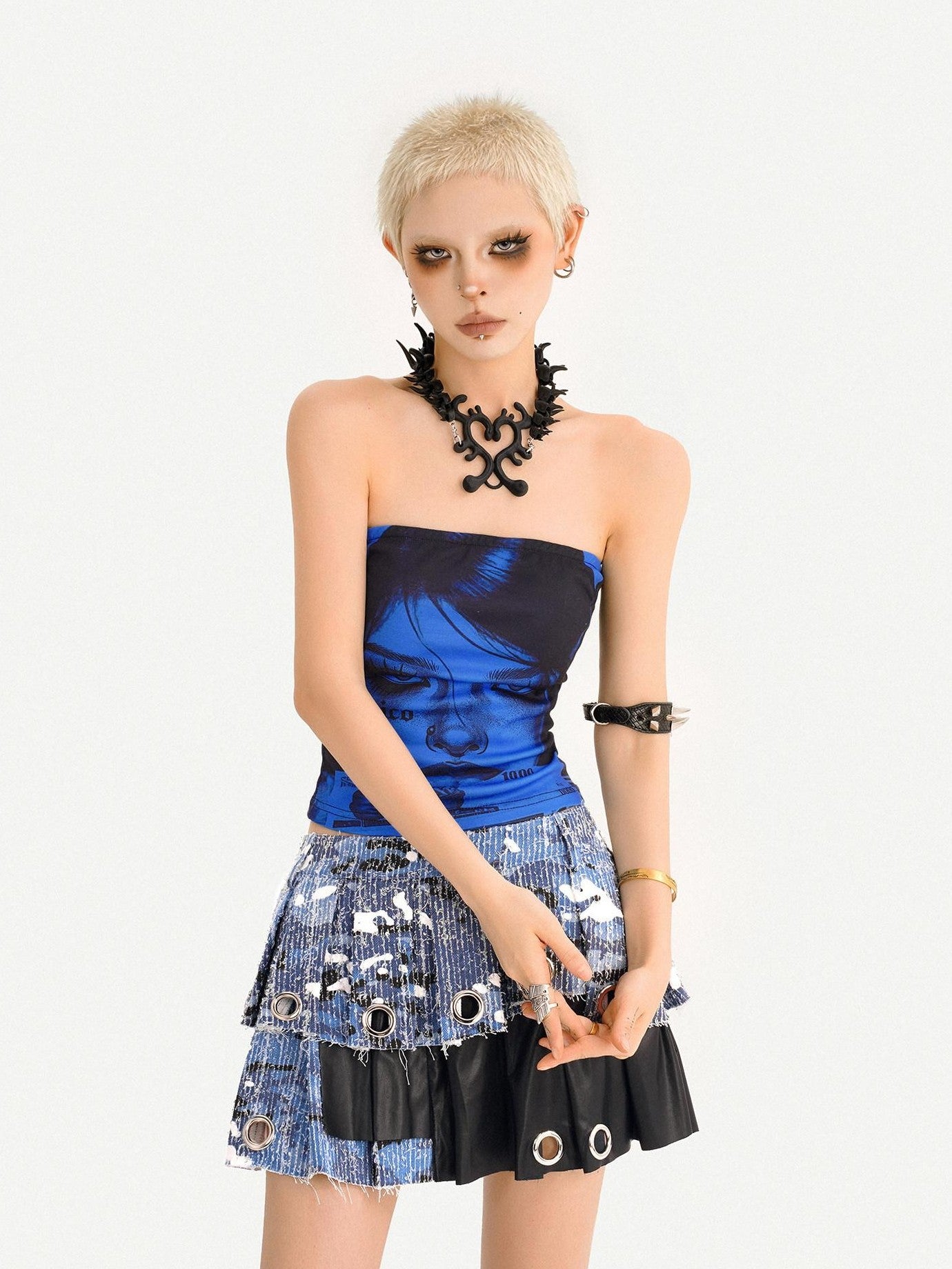 Nico Molly Blue Printed Slim Fitted Punk Short Women's Strapless Mini Dresses