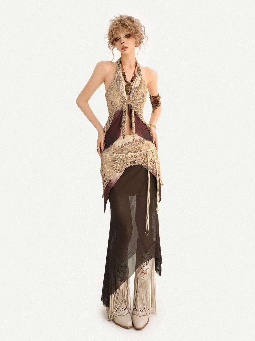 Nico Molly Bohemian Fringe Patchwork V-neck Halter Women's Lace Layered Top & Pants Sets