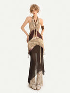 Nico Molly Bohemian Fringe Patchwork V-neck Halter Women's Lace Layered Top & Pants Sets