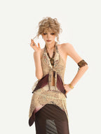 Nico Molly Bohemian Fringe Patchwork V-neck Halter Women's Lace Layered Top & Pants Sets