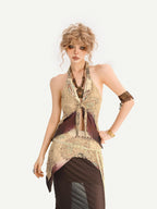 Nico Molly Bohemian Fringe Patchwork V-neck Halter Women's Lace Layered Top & Pants Sets