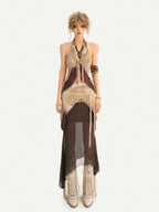 Nico Molly Bohemian Fringe Patchwork V-neck Halter Women's Lace Layered Top & Pants Sets