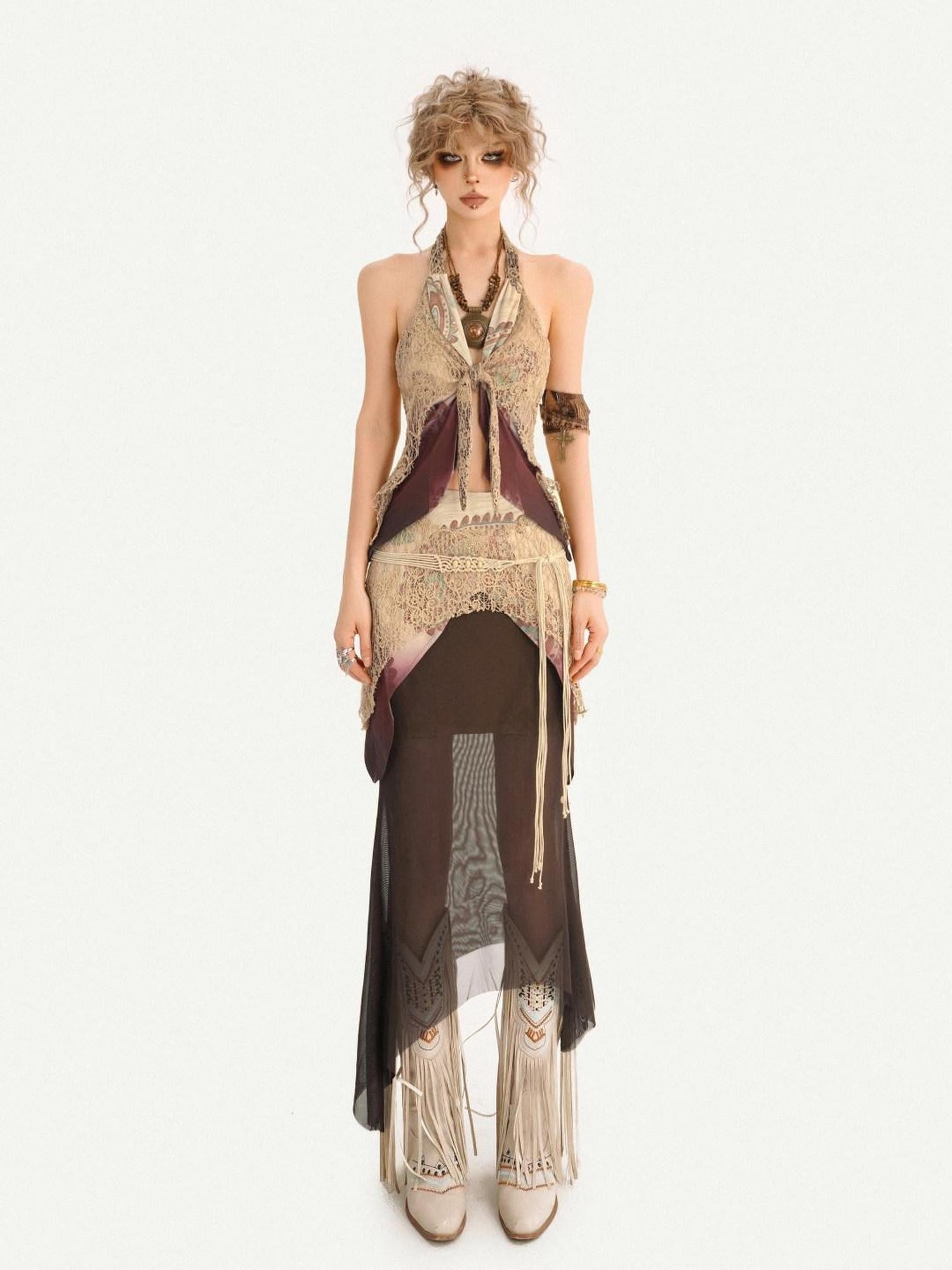 Nico Molly Bohemian Fringe Patchwork V-neck Halter Women's Lace Layered Top & Pants Sets