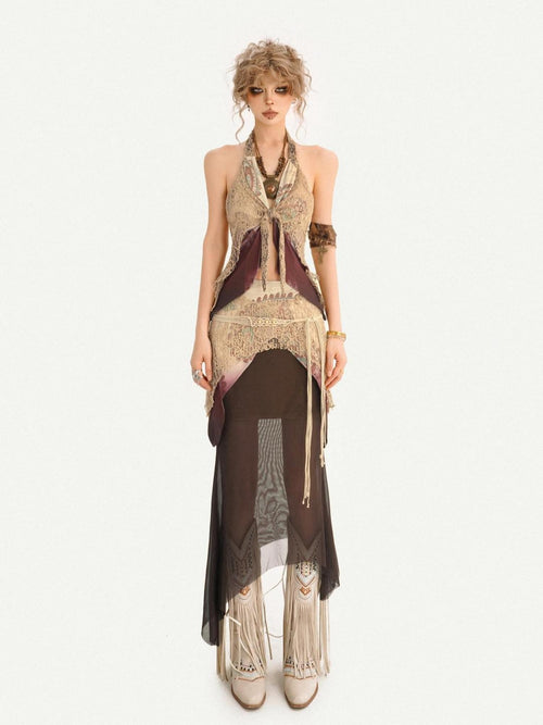 Nico Molly Bohemian Fringe Patchwork V-neck Halter Women's Lace Layered Top & Pants Sets