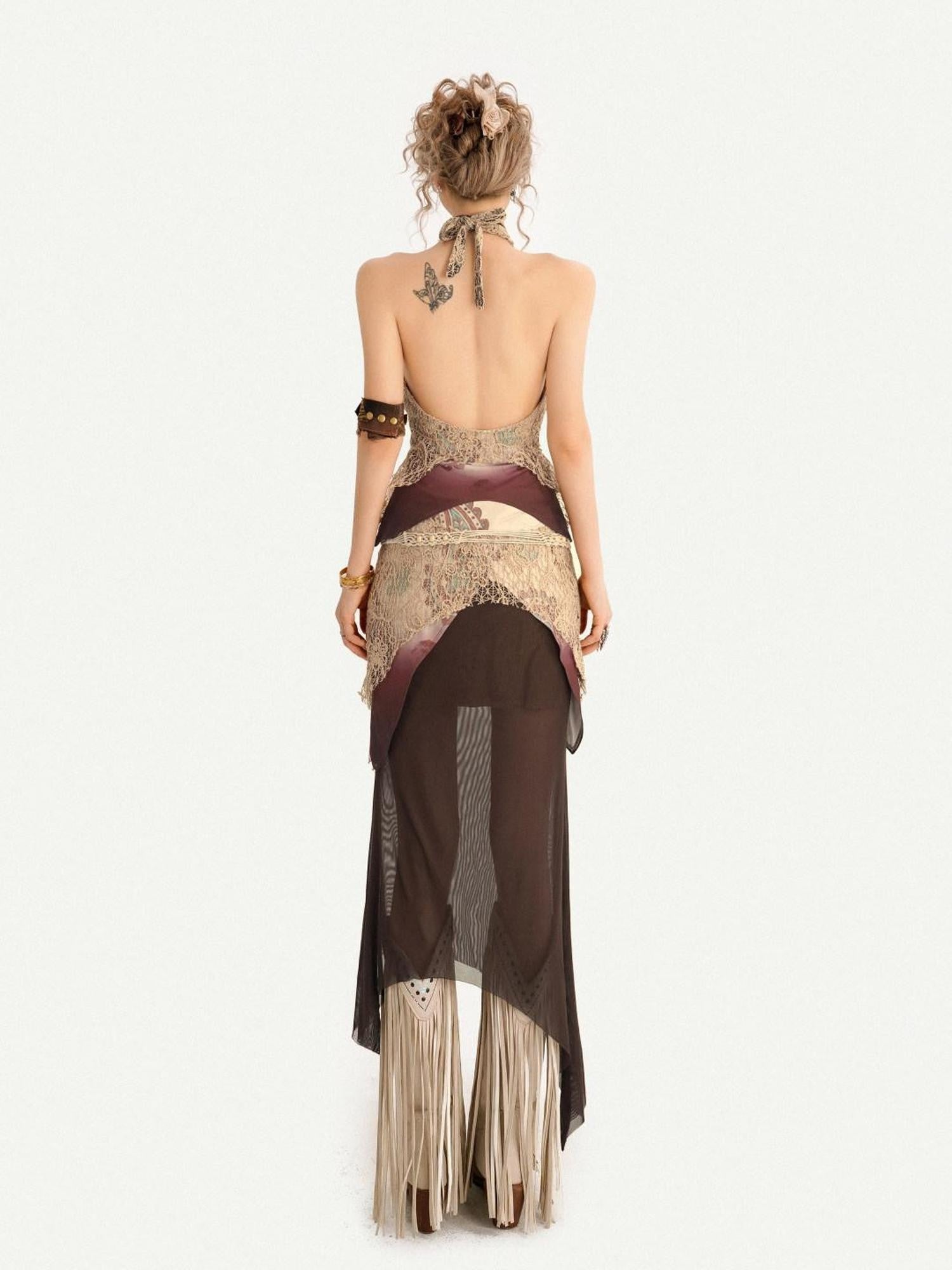 Nico Molly Bohemian Fringe Patchwork V-neck Halter Women's Lace Layered Top & Pants Sets