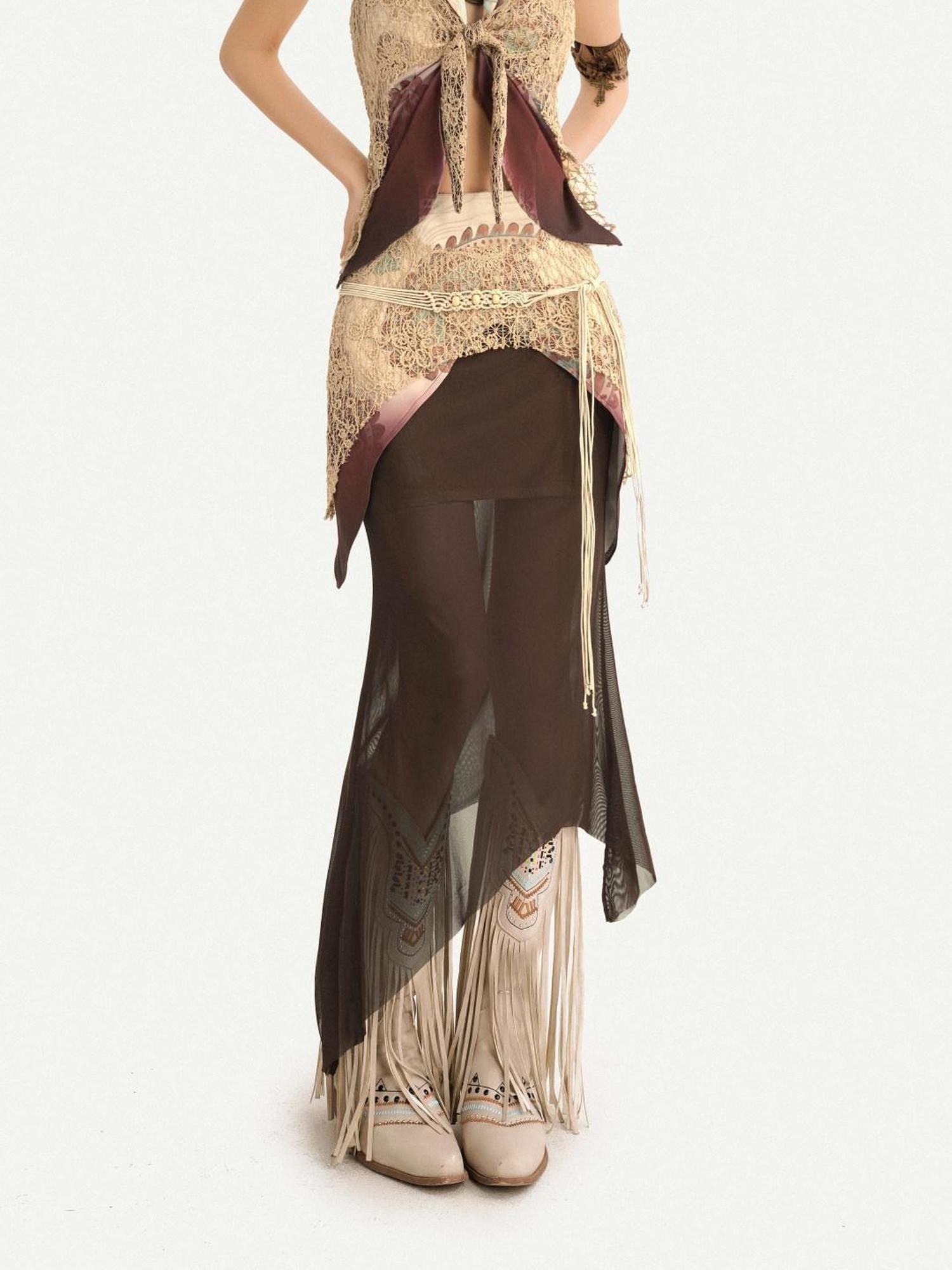 Nico Molly Bohemian Fringe Patchwork V-neck Halter Women's Lace Layered Top & Pants Sets