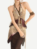 Nico Molly Bohemian Fringe Patchwork V-neck Halter Women's Lace Layered Top & Pants Sets