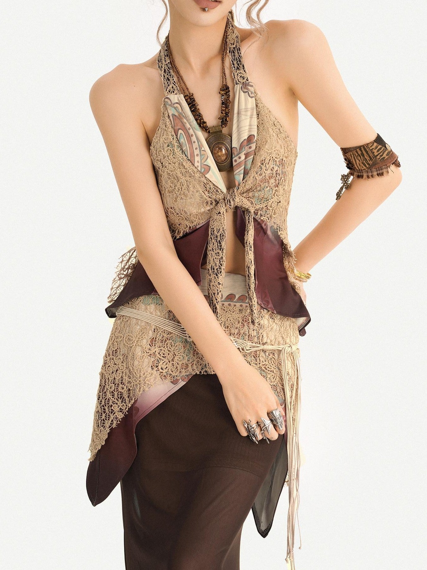 Nico Molly Bohemian Fringe Patchwork V-neck Halter Women's Lace Layered Top & Pants Sets