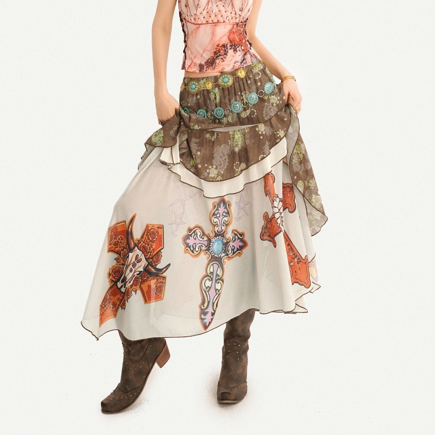 Nico_Molly_Boho_Oil_Painting_Print_Ruffle_Spliced_Camisole_Women's_Top_&_Skirt_Sets_1063921456744_MISSTT