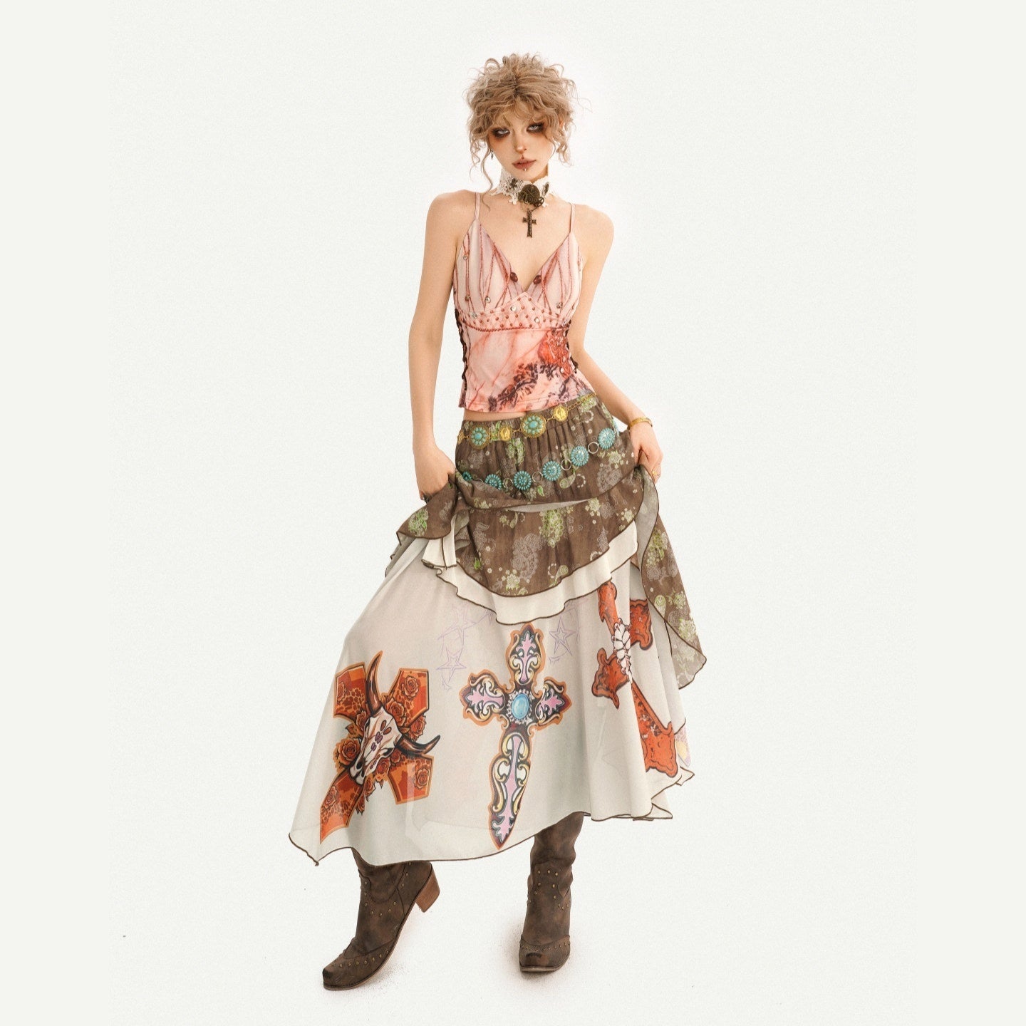 Nico_Molly_Boho_Oil_Painting_Print_Ruffle_Spliced_Camisole_Women's_Top_&_Skirt_Sets_1063921456744_MISSTT