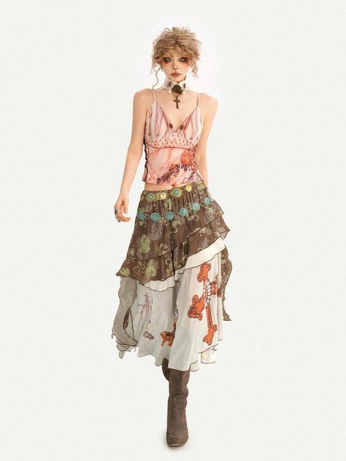 Nico Molly Boho Oil Painting Print Ruffle Spliced Camisole Women's Top & Skirt Sets