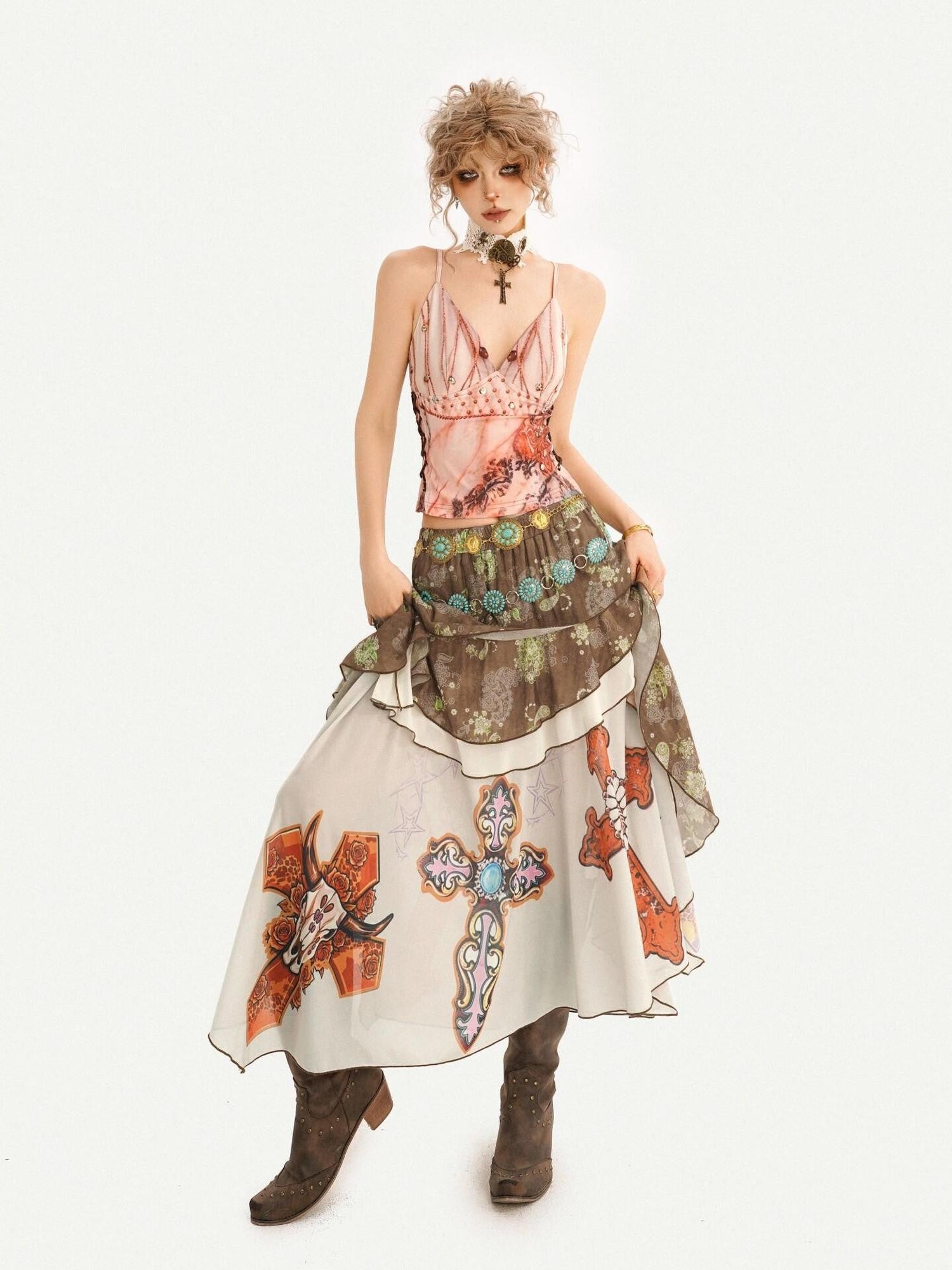 Nico Molly Boho Oil Painting Print Ruffle Spliced Camisole Women's Top & Skirt Sets