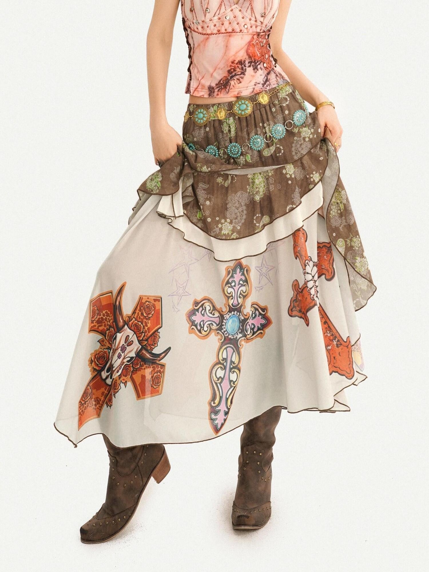 Nico Molly Boho Oil Painting Print Ruffle Spliced Camisole Women's Top & Skirt Sets