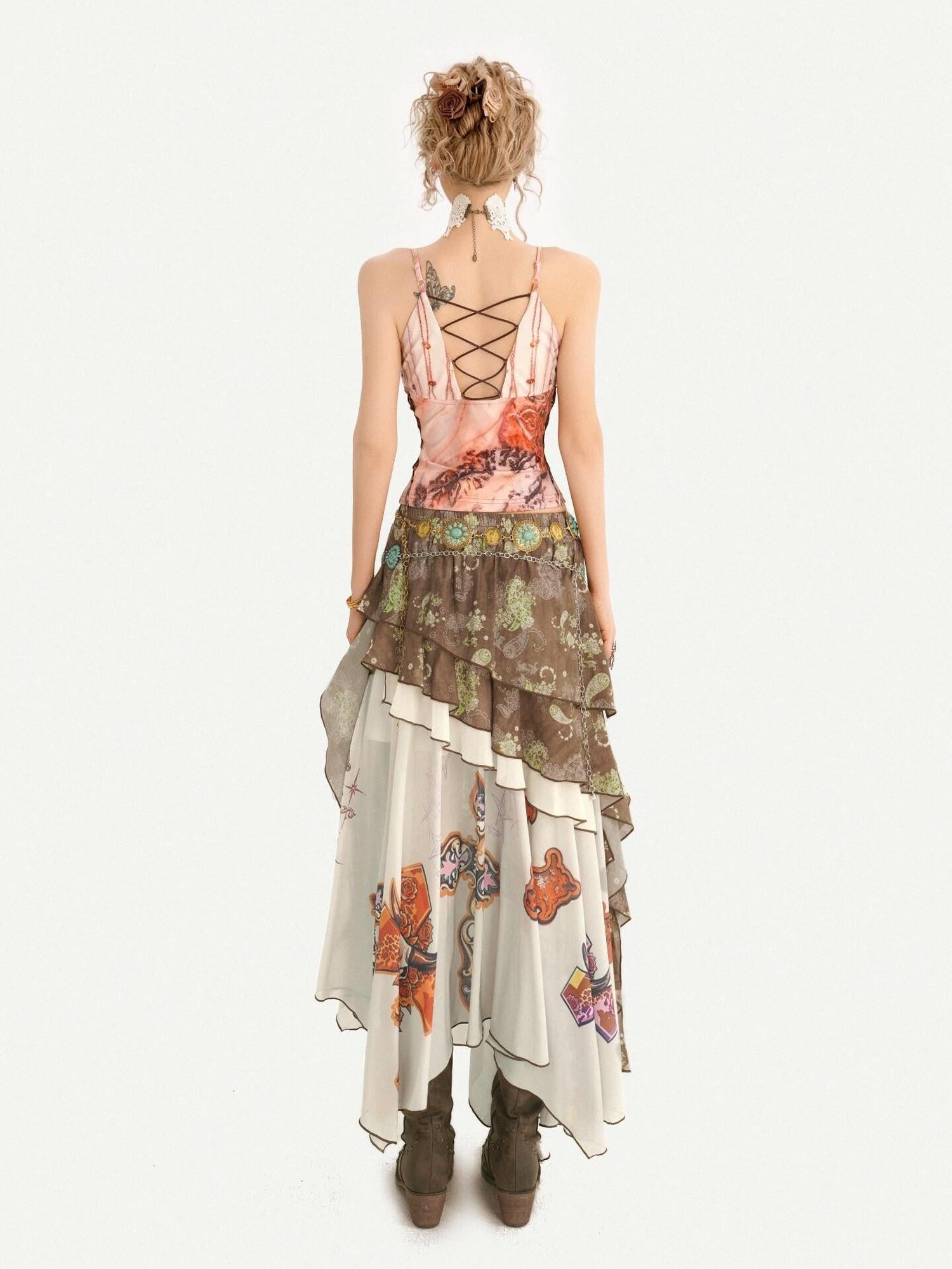 Nico Molly Boho Oil Painting Print Ruffle Spliced Camisole Women's Top & Skirt Sets