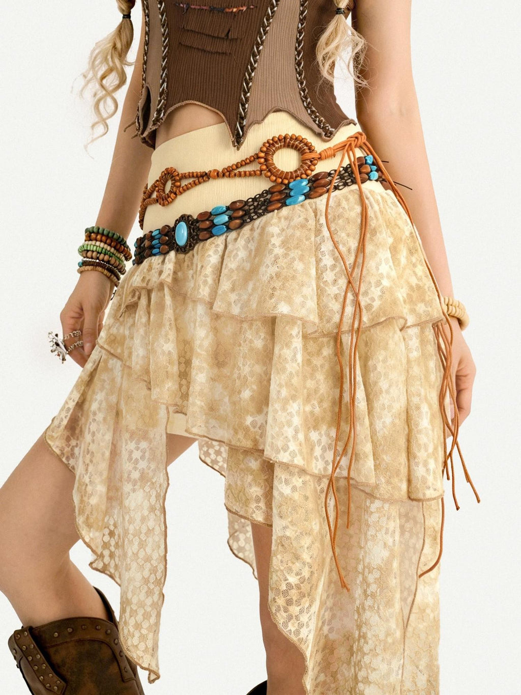 Nico Molly Braided Woven Beaded Bohemian Ethnic Coffee Brown Women's Waist Belts