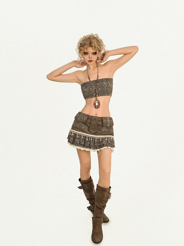 Nico Molly Brown Floral Print Spliced Slim Fit Women's Tube Tops / Bandeaus