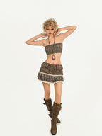 Nico Molly Brown Floral Print Spliced Slim Fit Women's Tube Tops / Bandeaus