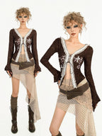 Nico Molly Brown Lace Splice V-neck Tie Slim Vintage Women's Chiffon Long Sleeve T-shirts