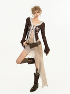 Nico Molly Brown Lace Splice V-neck Tie Slim Vintage Women's Chiffon Long Sleeve T-shirts