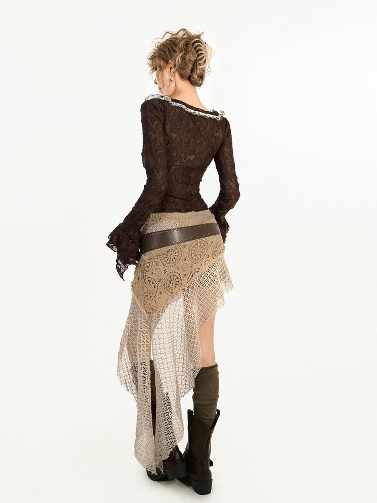 Nico Molly Brown Lace Splice V-neck Tie Slim Vintage Women's Chiffon Long Sleeve T-shirts