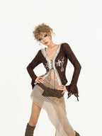 Nico Molly Brown Lace Splice V-neck Tie Slim Vintage Women's Chiffon Long Sleeve T-shirts