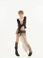 Nico Molly Brown Lace Splice V-neck Tie Slim Vintage Women's Chiffon Long Sleeve T-shirts