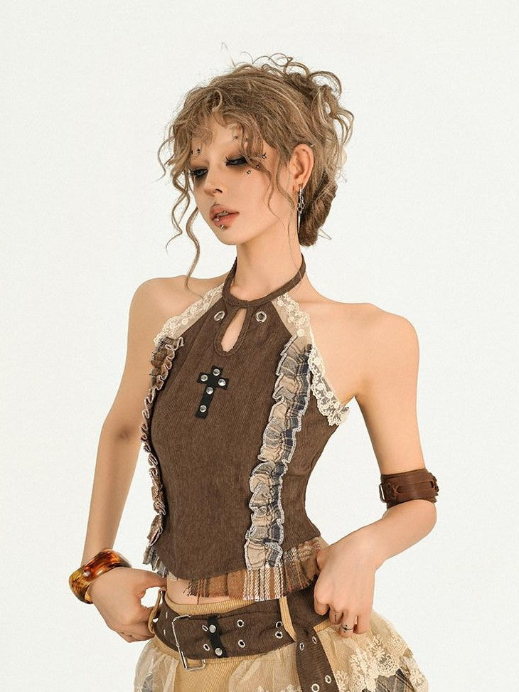 Nico Molly Brown Lace Spliced Halter Slim Fit Scallop Trim Women's Lace Tank Tops