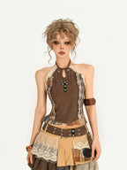 Nico Molly Brown Lace Spliced Halter Slim Fit Scallop Trim Women's Lace Tank Tops