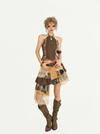 Nico Molly Brown Lace Spliced Halter Slim Fit Scallop Trim Women's Lace Tank Tops