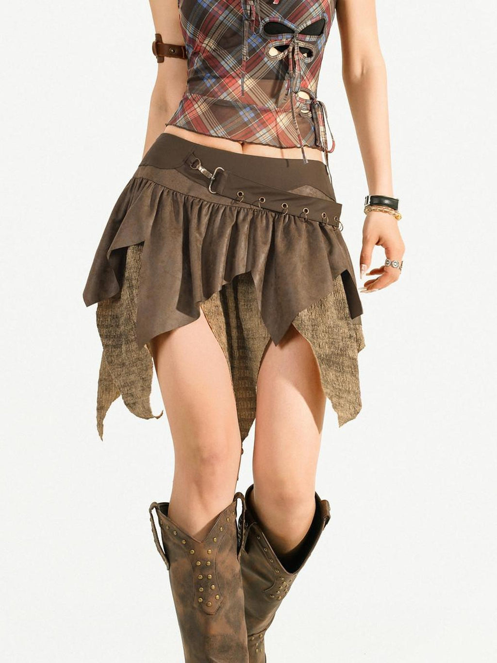 Nico Molly Brown Retro Asymmetric Fringe Solid A Line Women's Mini Skirts
