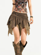Nico Molly Brown Retro Asymmetric Fringe Solid A Line Women's Mini Skirts