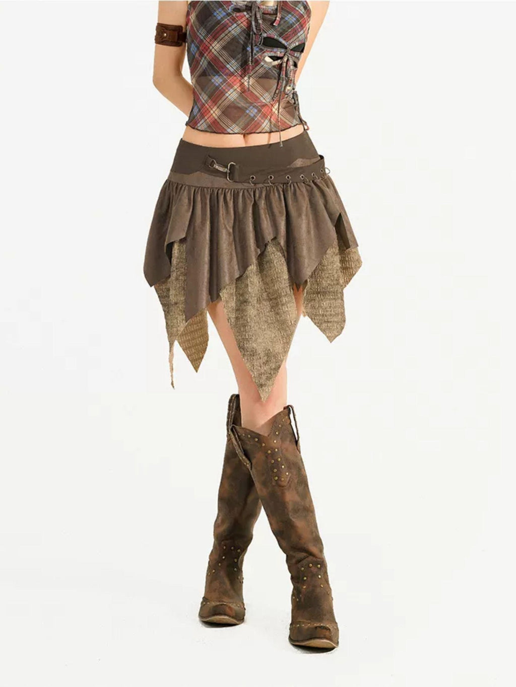 Nico Molly Brown Retro Asymmetric Fringe Solid A Line Women's Mini Skirts