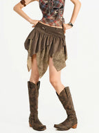 Nico Molly Brown Retro Asymmetric Fringe Solid A Line Women's Mini Skirts