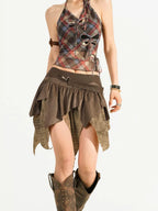 Nico Molly Brown Retro Asymmetric Fringe Solid A Line Women's Mini Skirts