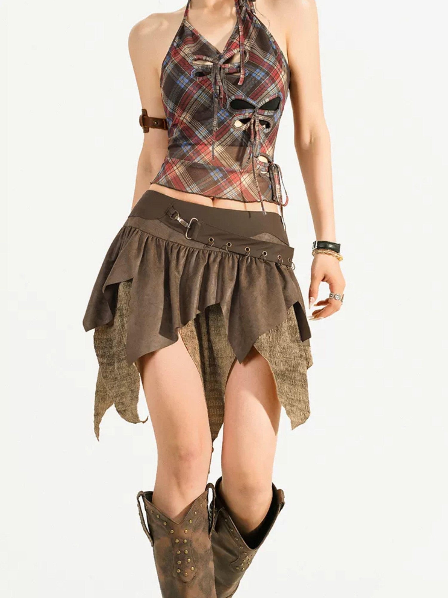 Nico Molly Brown Retro Asymmetric Fringe Solid A Line Women's Mini Skirts