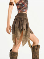 Nico Molly Brown Retro Asymmetric Fringe Solid A Line Women's Mini Skirts