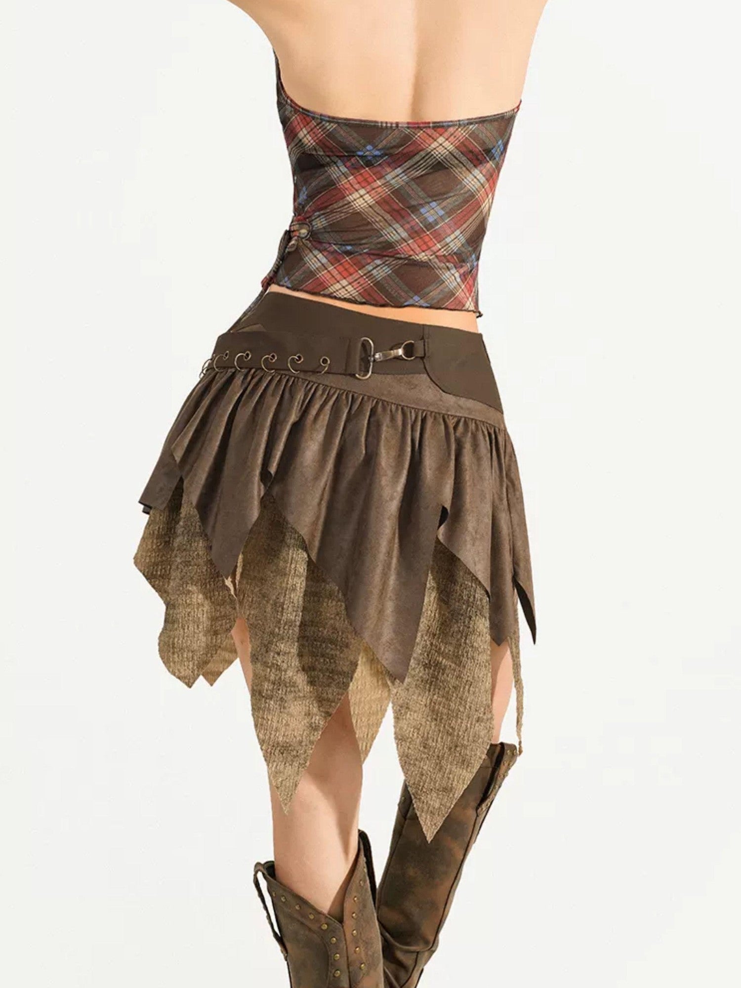 Nico Molly Brown Retro Asymmetric Fringe Solid A Line Women's Mini Skirts