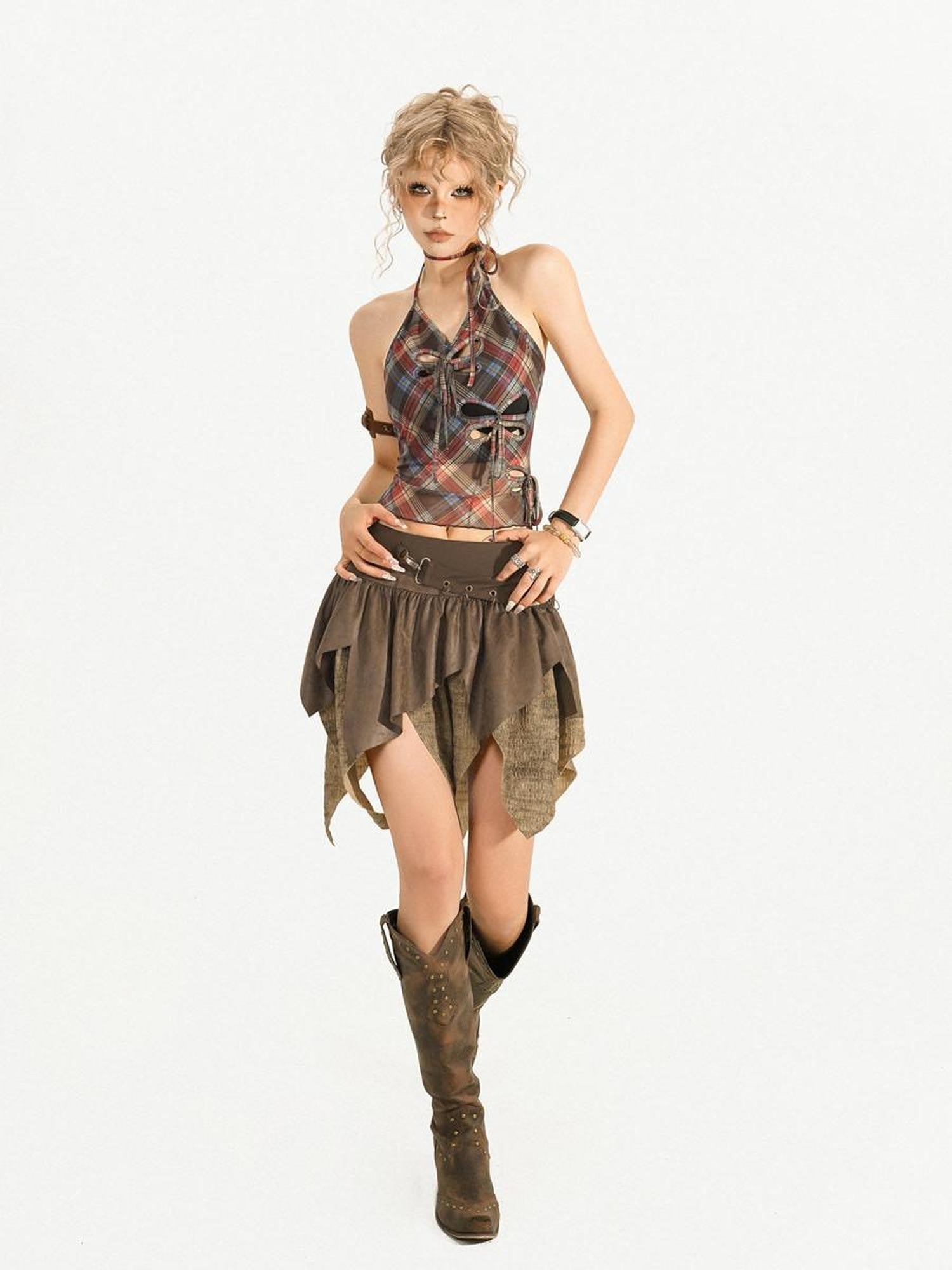 Nico Molly Brown Retro Asymmetric Fringe Solid A Line Women's Mini Skirts