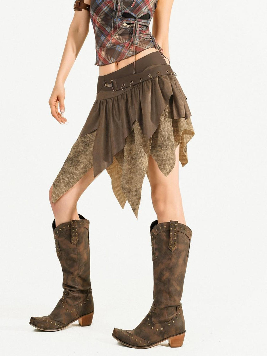 Nico Molly Brown Retro Asymmetric Fringe Solid A Line Women's Mini Skirts