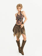 Nico Molly Brown Retro Asymmetric Fringe Solid A Line Women's Mini Skirts