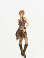 Nico Molly Brown Retro Asymmetric Fringe Solid A Line Women's Mini Skirts