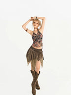 Nico Molly Brown Retro Asymmetric Fringe Solid A Line Women's Mini Skirts