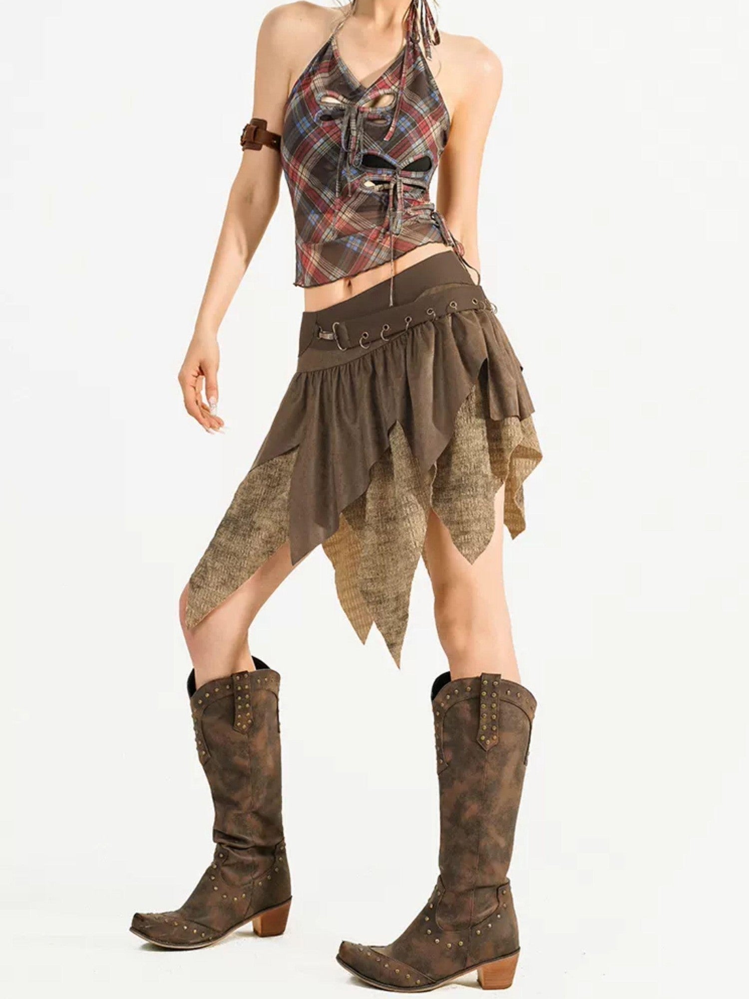 Nico Molly Brown Retro Asymmetric Fringe Solid A Line Women's Mini Skirts