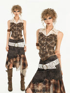 Nico Molly Brown Street Patchwork Plaid Collared Women's Mixed Fabric Blouses