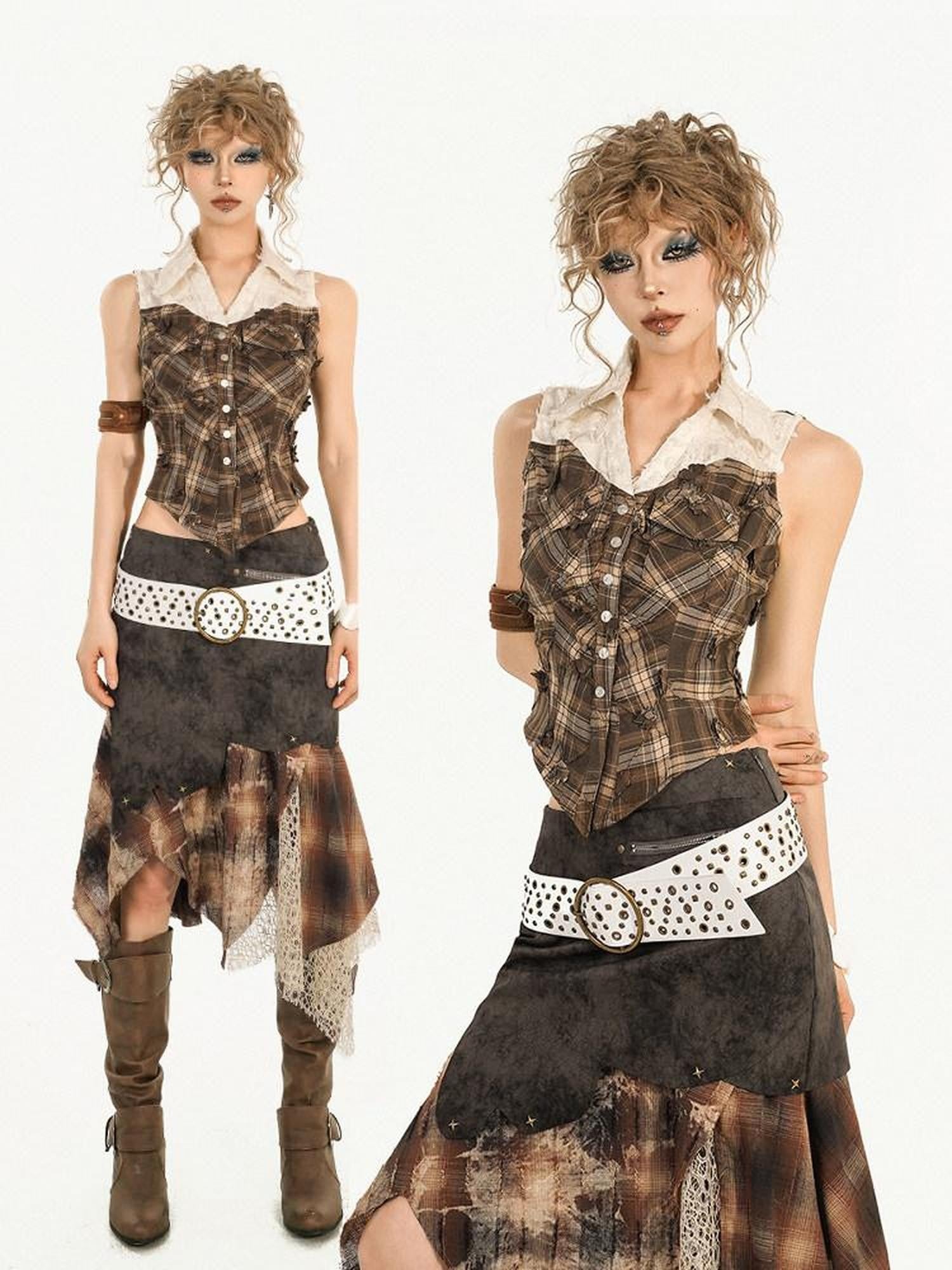 Nico Molly Brown Street Patchwork Plaid Collared Women's Mixed Fabric Blouses