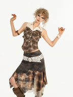 Nico Molly Brown Street Patchwork Plaid Collared Women's Mixed Fabric Blouses