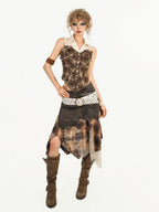 Nico Molly Brown Street Patchwork Plaid Collared Women's Mixed Fabric Blouses