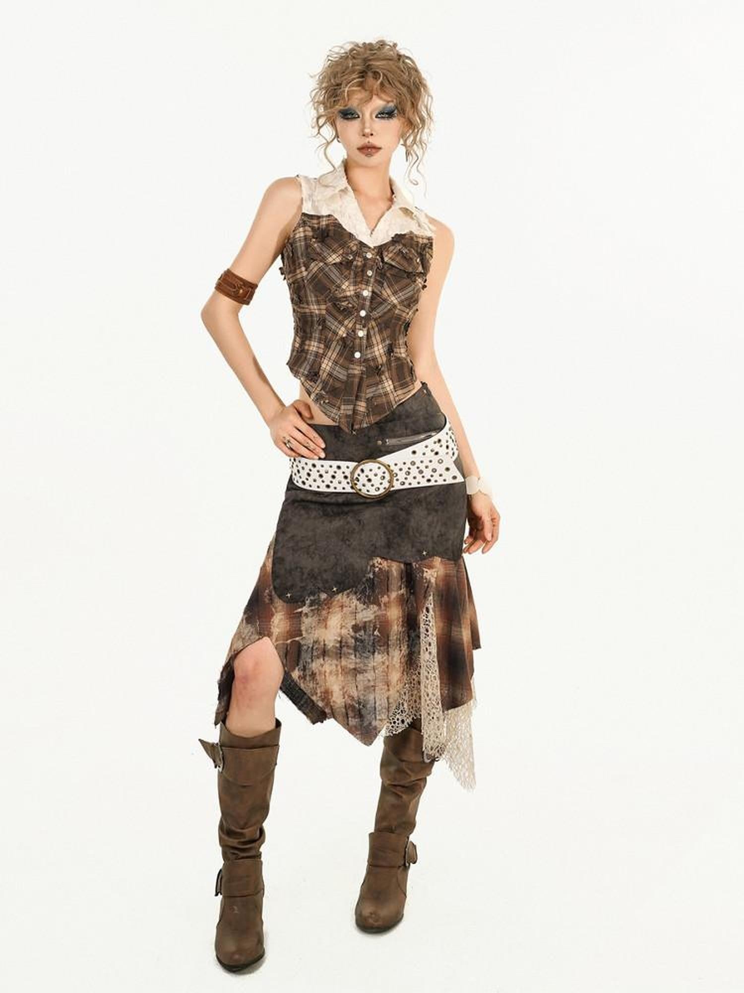 Nico Molly Brown Street Patchwork Plaid Collared Women's Mixed Fabric Blouses