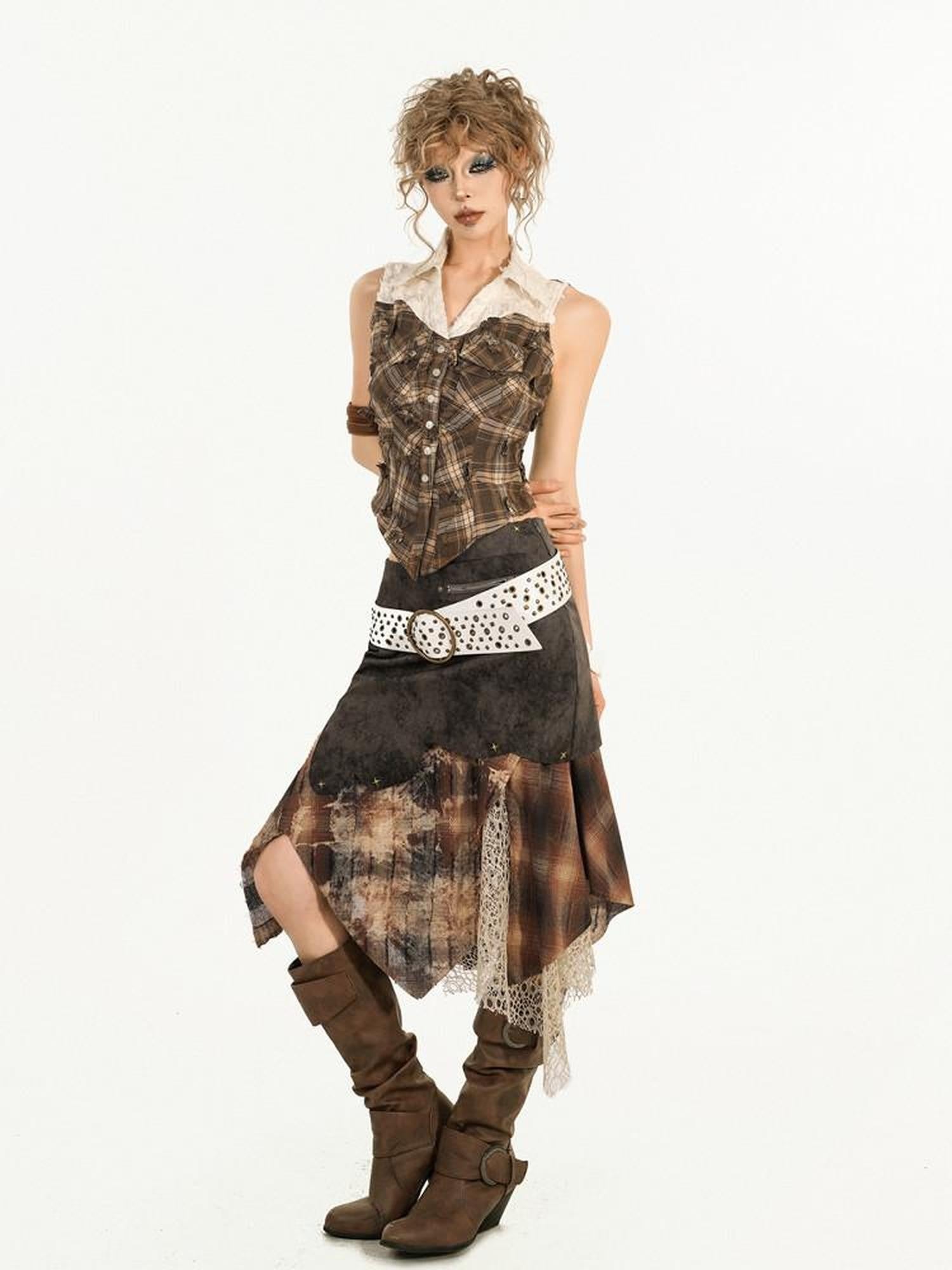 Nico Molly Brown Street Patchwork Plaid Collared Women's Mixed Fabric Blouses