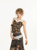 Nico Molly Brown Street Patchwork Plaid Collared Women's Mixed Fabric Blouses